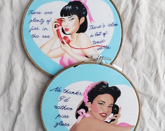 hand-embroidered pin-up girl hoop art: blue text, 8-inch