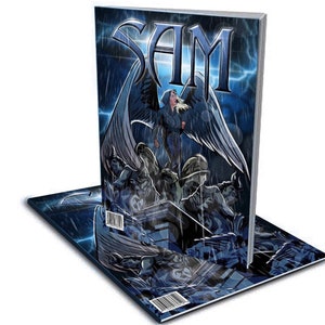 May include: A comic book titled "SAM" with a dramatic cover illustration. The cover features a figure with large wings, set against a stormy, dark blue background with lightning. The title is prominently displayed in a stylized font.