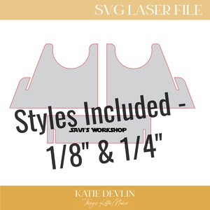 K&ouml;nnte beinhalten: SVG-Laserschnittdatei f&uuml;r einen Pr&auml;sentationsst&auml;nder. Das Design umfasst zwei Stile, einen mit einer Dicke von 1/8 Zoll und den anderen mit einer Dicke von 1/4 Zoll. Der Text "Styles Included - SAVI'S WORKSHOP 1/8" & 1/4" - KATIE DEVLIN Things Kate Makes" ist im Design enthalten.