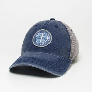 May include: A blue and gray baseball cap with a patch that says "The Way, The Truth, The Life" with a cross and camouflage pattern.