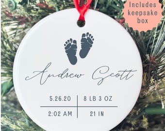 Baby's First Christmas Ornament: Birth Stats  - Keepsake Box and Ribbon Choice
