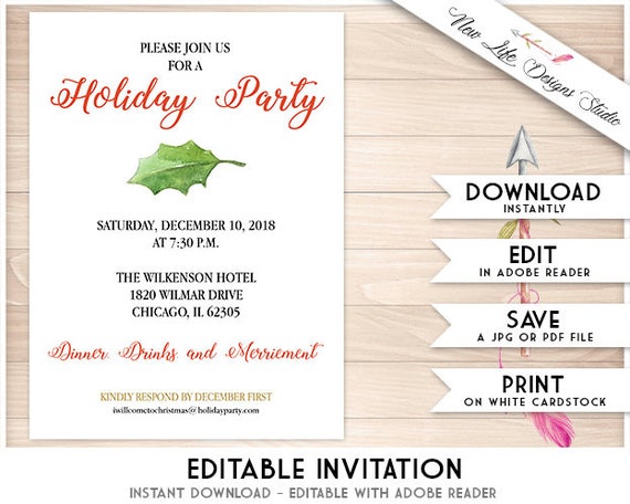 Holly Leaf Printable Xmas Bash Invitation Template: Watercolor Holly Leaf Trip Celebration Invitations, Do-it-yourself Instantaneous Obtain Editable PDF Exciting photo regarding Printable Holiday Party Invitations identify Holly Leaf Printable Xmas Occasion Invitation Template: Watercolor Holly Leaf Trip Social gathering Invitations, Do it yourself Immediate Obtain Editable PDF Enjoyment