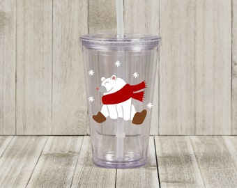 Kids Personalized Christmas Tumbler, Childrens Polar Bear Holiday Cup, 16 oz Insulated Acrylic, Kids Christmas Santa Mug, Stocking Stuffer