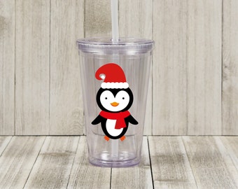 Kids Personalized Christmas Tumbler, Childrens Penguin Holiday Cup, 16 oz Insulated Acrylic, Kids Christmas Mug, Santa Cup, Stocking Stuffer