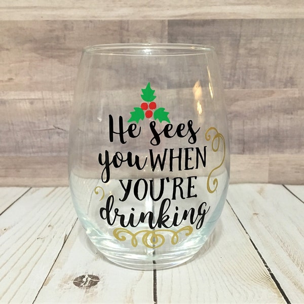 Christmas Wine Glass; Funny Christmas Gift; Secret Santa; Xmas Hostess Present; Santa Claus Drinking 20 oz Stemless Wine Glass; Gift for Her