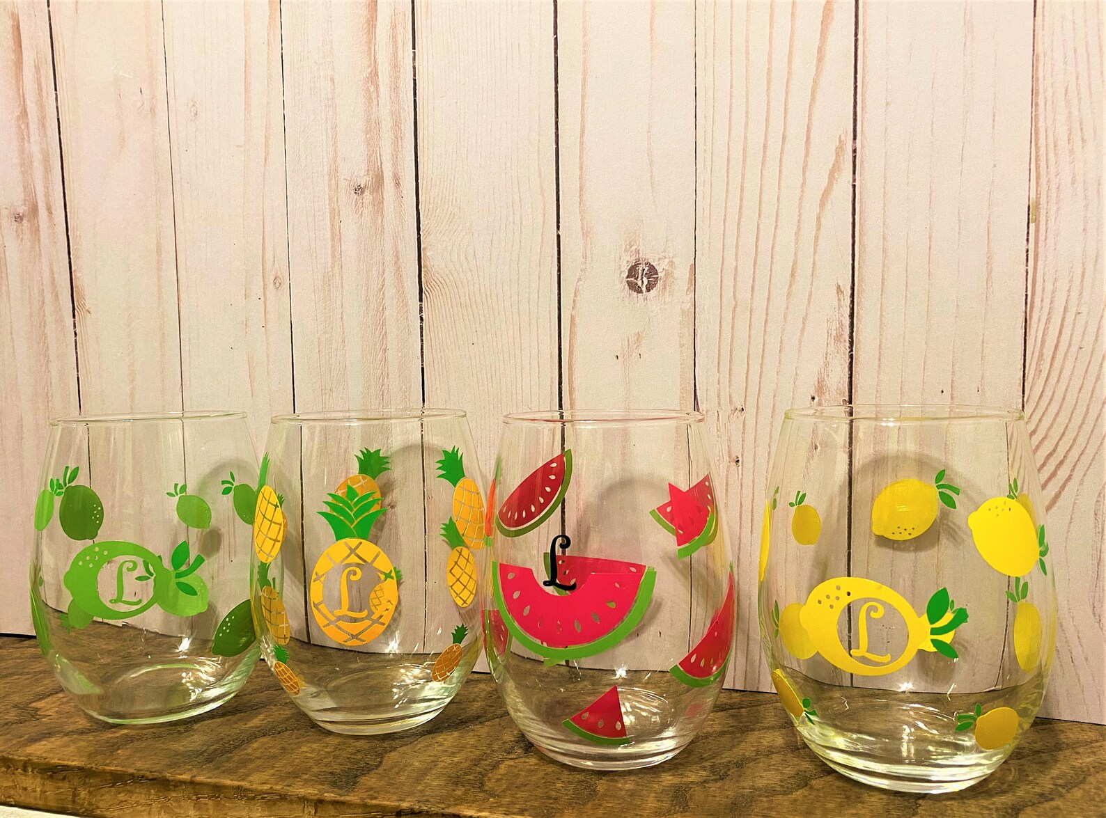 Summer Fruit Monogram Wine Glass Set of 4 Personalized Sweet Etsy