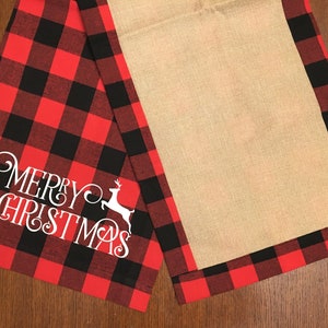 Christmas Table Runner, Red Buffalo Plaid Burlap Decoración de la mesa, Feliz Decoración de las Fiestas, Reversible, Feliz Navidad, Regalo de anfitriona, Rústico