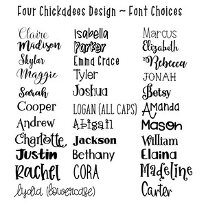 Op de afbeelding: Een witte achtergrond toont een lijst met namen in verschillende lettertypen. De tekst bovenaan luidt "Four Chickadees Design ~ Font Choices". Namen zijn onder meer Claire, Madison, Skylar, Maggie, Sarah, Cooper, Andrew, Charlotte, Justin, Rachel, Isabella, Parker, Emma Grace, Tyler, Joshua, Logan, Abigail, Jackson, Bethany, Cora, Marcus, Elizabeth, Rebecca, Jonah, Betsy, Amanda, Mason, William, Elaina, Madeline en Carter.