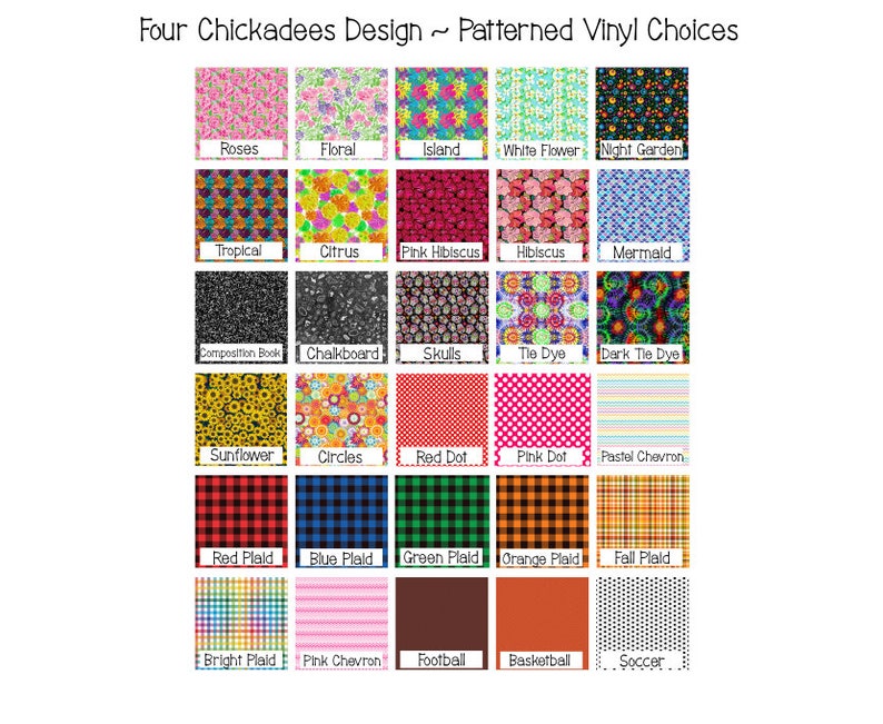 Op de afbeelding: Afbeelding met een verscheidenheid aan patronen voor vinyl. Ontwerpen omvatten bloemen, ruitjes en geometrische patronen. De tekst bovenaan luidt "Four Chickadees Design ~ Patterned Vinyl Choices." Elk patroon is gelabeld met zijn naam, zoals "Roses", "Skulls" en "Soccer".