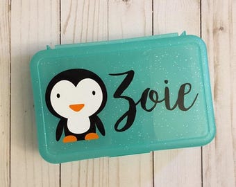 Personalized Pencil Box, Back To School Pencil Box, Penguin Pencil Box, Crayon Box, Kids School Supply Box, Personalized Name Pencil Case