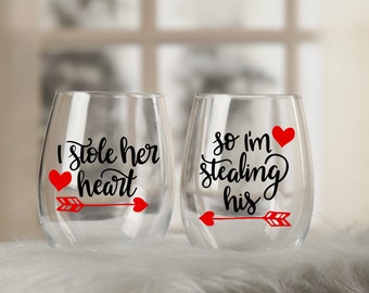 Cupido de pijl paren wijn glas set, stal haar hart Valentine's Day gift, newlywed bruiloft stemless wijn glas, zijn en haar wijn glazen