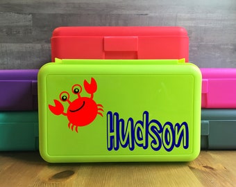 Personalized Pencil Box, Back To School Pencil Box, Crab Pencil Box, Crayon Box, Kids School Supply Box, Personalized Name Pencil Case