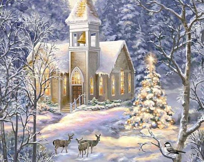 Timeless Treasures, Winter Blessings Church in Snow Panel by Donna ...