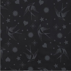 May include: Black fabric with a repeating pattern of gray swallows, stars, hearts, and dots. The swallows are depicted in flight, and the stars have multiple points. The hearts and dots are scattered throughout the design.
