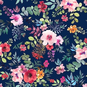 May include: A seamless pattern featuring watercolor flowers in shades of pink, red, orange, and yellow on a dark blue background. The flowers are arranged in a random pattern and are surrounded by green leaves.