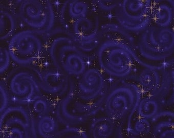 Puede incluir: Un patrón sin costuras con un fondo azul oscuro, formas abstractas en espiral y estrellas doradas dispersas.