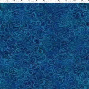 May include: A seamless fabric pattern featuring a swirling, wave-like design in shades of deep blue and teal. The pattern has a textured appearance, with the darker blue creating depth and contrast against the lighter teal accents.