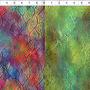 May include: Two fabric swatches with a leafy pattern. The left swatch has a rainbow of colors, including red, orange, yellow, green, blue, and purple. The right swatch is green with hints of blue and yellow.