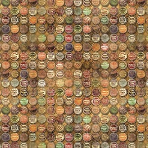 May include: A close-up of a vintage pattern featuring a variety of colorful bottle caps with different labels and text, including "COLA", "GRAPE SODA", "LEMON SODA", "CREAM SODA", and "PUNCH".