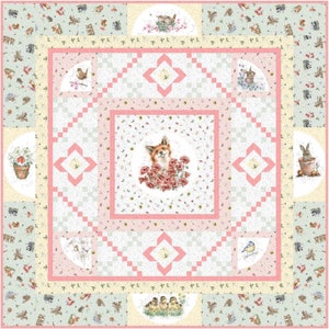 May include: A pink and green patchwork quilt with a central square featuring a fox surrounded by red poppies. The quilt is decorated with various animal illustrations, including birds, rabbits, and a squirrel.