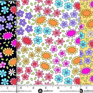 May include: Three fabric swatches with a repeating pattern of colorful flowers and leaves. The first swatch has a black background, the second has a white background, and the third has a yellow background.