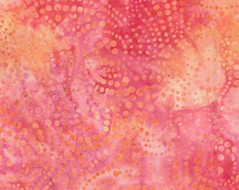May include: A fabric featuring a vibrant batik pattern with a blend of hot pink, coral, and soft orange hues. The design consists of numerous small, circular dots arranged in swirling, organic clusters across the entire surface of the textile.