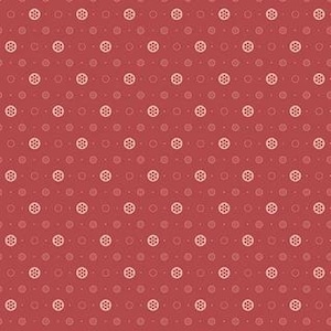 May include: A deep red fabric featuring a repeating geometric pattern of light pink circular motifs. Each motif consists of a central dot surrounded by six smaller dots, arranged in a grid with alternating smaller circles between the main shapes.
