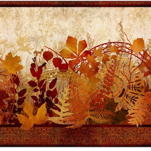 May include: A digital print featuring a border of stylized autumn leaves in shades of brown, orange, and gold. The leaves are arranged in a repeating pattern and are set against a cream-colored background.