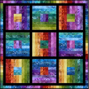 May include: A quilt block with a log cabin pattern in shades of purple, blue, green, yellow, and red. The block is made up of strips of fabric sewn together to create a square.