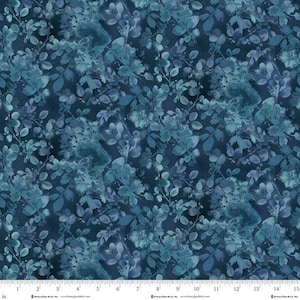 May include: A fabric with a watercolor-style floral pattern. The design features overlapping leaves and flowers in shades of blue and teal against a dark navy background. The pattern repeats across the fabric, creating a dense, textured appearance.