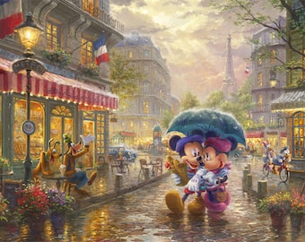 Disney Mickey Mouse and Minnie Dreams panel by Thomas Kinkade from Four Seasons for David Textiles.  Mickey and Minnie in Paris  DS-2028-9C