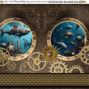 May include: A steampunk-themed illustration featuring circular portholes with underwater scenes. Each porthole showcases marine life and mechanical elements, set against a backdrop of gears and intricate patterns. The color palette includes shades of brown, gold, and blue.