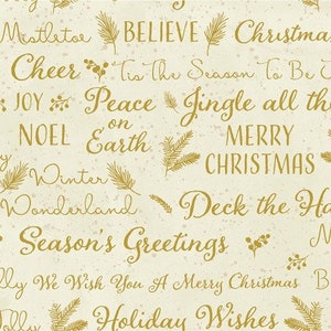 O Christmas Tree gold Holiday Words from Clothworks. CLTY3237-57