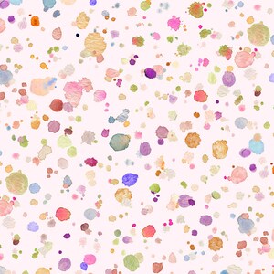 May include: A white background with a colorful splatter pattern of various shades of pink, blue, green, orange, and purple. The splatter pattern is reminiscent of watercolor paint.