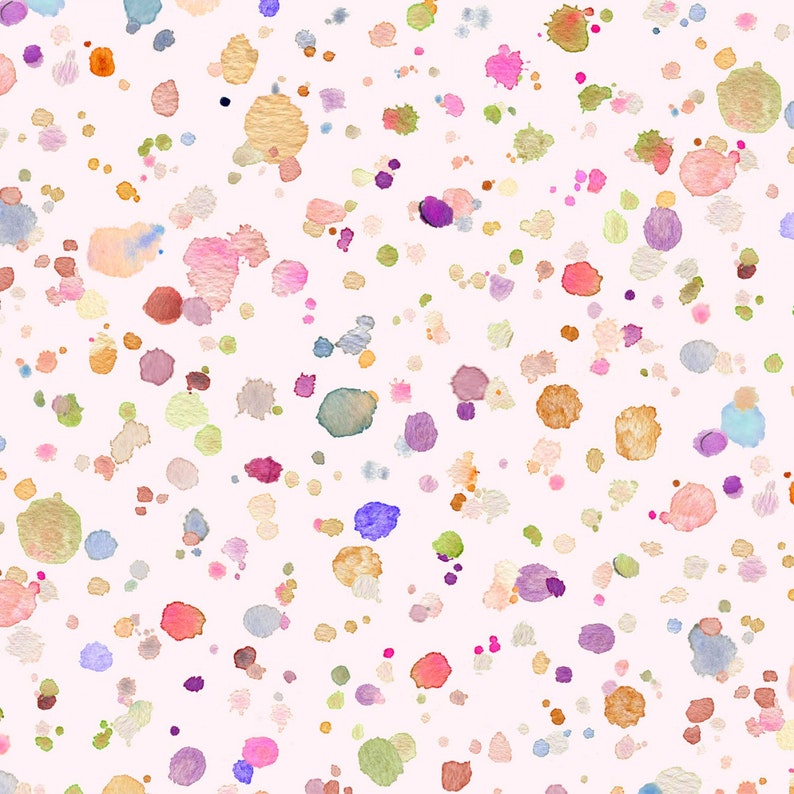 May include: A white background with a colorful splatter pattern of various shades of pink, blue, green, orange, and purple. The splatter pattern is reminiscent of watercolor paint.
