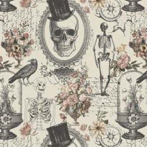 May include: A patterned fabric featuring a repeating design of skulls wearing top hats in ornate frames, full human skeletons, black crows, vintage-style floral bouquets in vases, and compasses set against a cream background with script text.