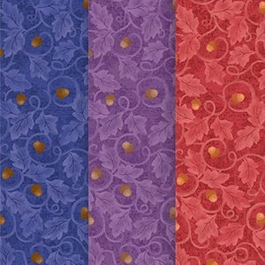 May include: Three fabric swatches with a repeating pattern of oak leaves and acorns. The swatches are blue, purple, and red.