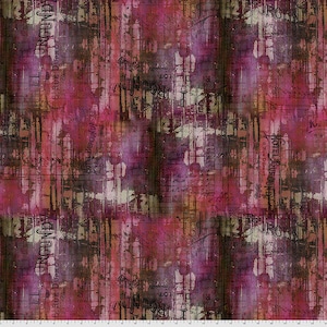 May include: A fabric featuring a distressed, abstract pattern in shades of magenta, deep purple, and brown. The design includes overlaid vintage-style script, grid lines, and text reading Hotel Burgundy 8 Rue Dumot Paris, creating a layered effect.