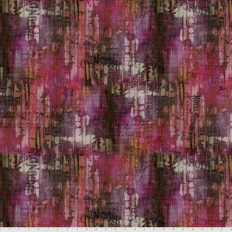 May include: A fabric featuring a distressed, abstract pattern in shades of magenta, deep purple, and brown. The design includes overlaid vintage-style script, grid lines, and text reading Hotel Burgundy 8 Rue Dumot Paris, creating a layered effect.