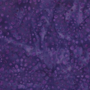 May include: A deep purple fabric featuring a batik-style pattern of scattered, irregular circular shapes in lighter shades of violet. The design displays a mottled, hand-dyed appearance with varying color saturation across the surface of the textile.