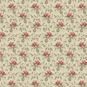 May include: A repeating pattern of stylized flowers and leaves in shades of red, brown, and beige. The floral design features clusters of small red flowers, detailed leaves, and brown stems, set against a dotted beige background.