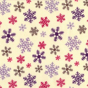 May include: A cream-colored fabric with a repeating pattern of snowflakes in various sizes and colors. The snowflakes are in shades of purple, red, and brown. This design is suitable for winter-themed crafts and apparel.
