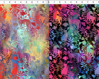 May include: A colourful fabric with a repeating pattern of stylised animals and plants. The background is a gradient of yellow, orange, red, purple, and blue. The animals are silhouetted in a darker shade of blue. The fabric is ideal for quilting, crafts, and home decor.