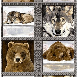 May include: A gray and white patterned fabric with a repeating snowflake design. The fabric features six different animal images: a brown and white wolf, a brown bear, a red fox, a brown cougar, and two brown cougars.