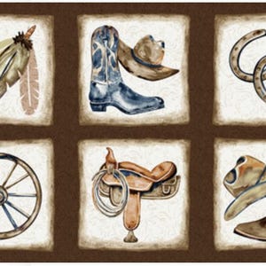 Western View Western Motifs Block Panel by Denise Sullivan for Henry Glass 1595-33 Multi 24" x 44"
