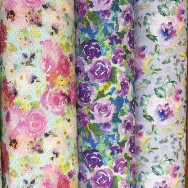 Watercolor Beauty by Jason Yenter In the Beginning Fabrics. Lush Pink 10GSH1,Rose Purple 13GHS1, Dusk Lavender 14GSH1