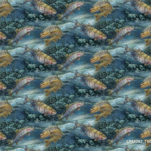 May include: A repeating pattern of trout swimming in a blue and green aquatic environment. The fish are depicted in shades of brown, silver, and pink, with visible scales and fins. The background suggests a rocky riverbed.