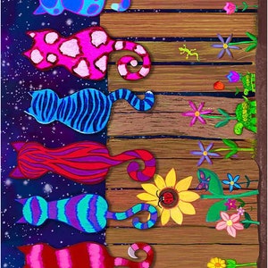 Colorful Cats on a Fence from Crazy for Cats by Timeless Treasures. 11&quot; Stripe Nick-CD1486 Multi