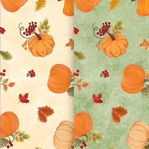 May include: Two seamless patterns featuring orange pumpkins, red berries, and autumn leaves. One pattern has a cream background, and the other has a green background. The pumpkins have green stems and are surrounded by leaves and berries.