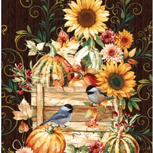 May include: A wooden crate filled with pumpkins, sunflowers, and fall foliage. Two small birds are perched on the crate. The background is a dark brown with a floral pattern.